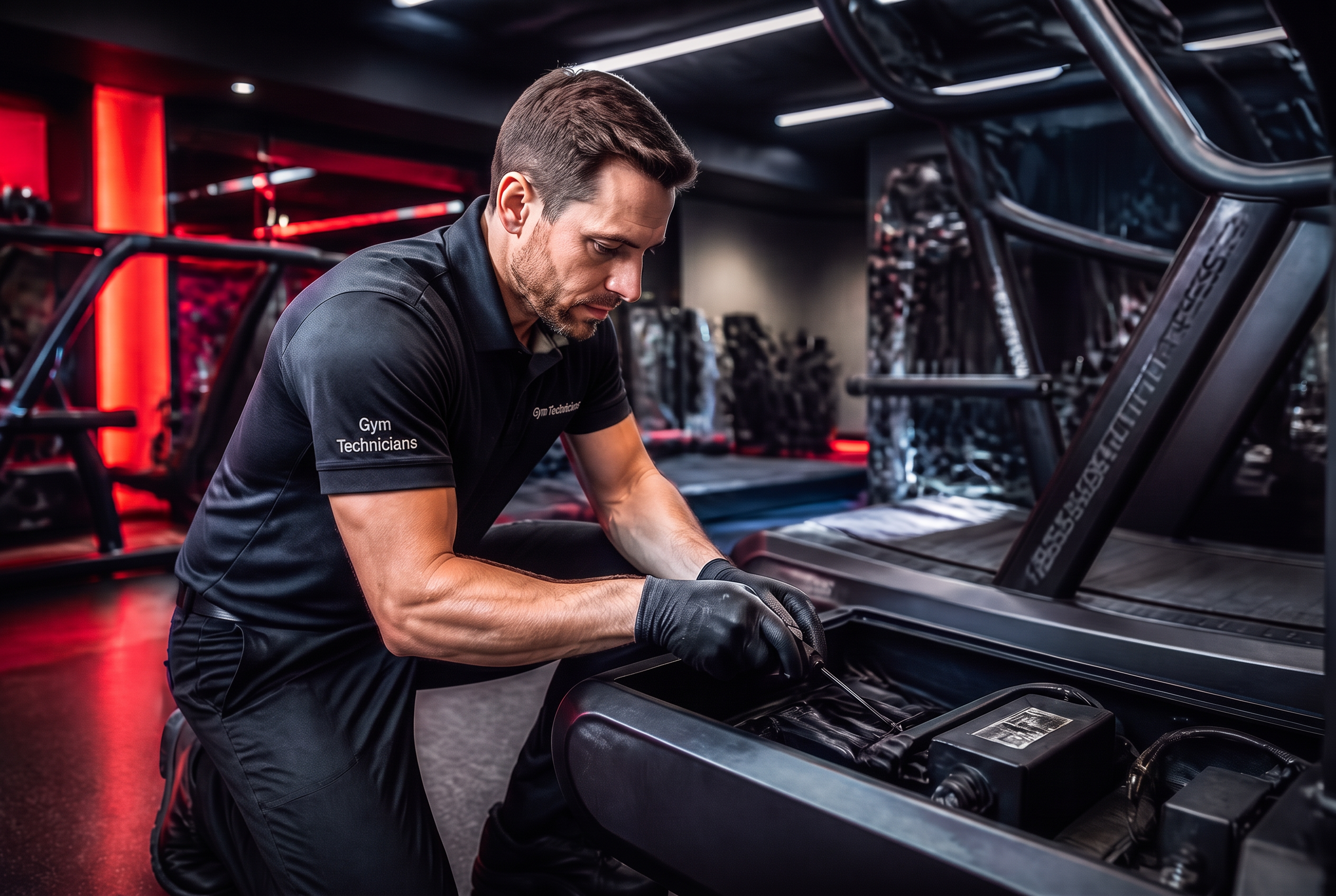 Certified technician servicing a commercial treadmill