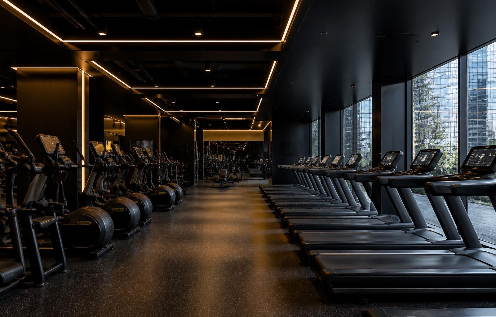 Commercial gym facility with rows of cardio machines
