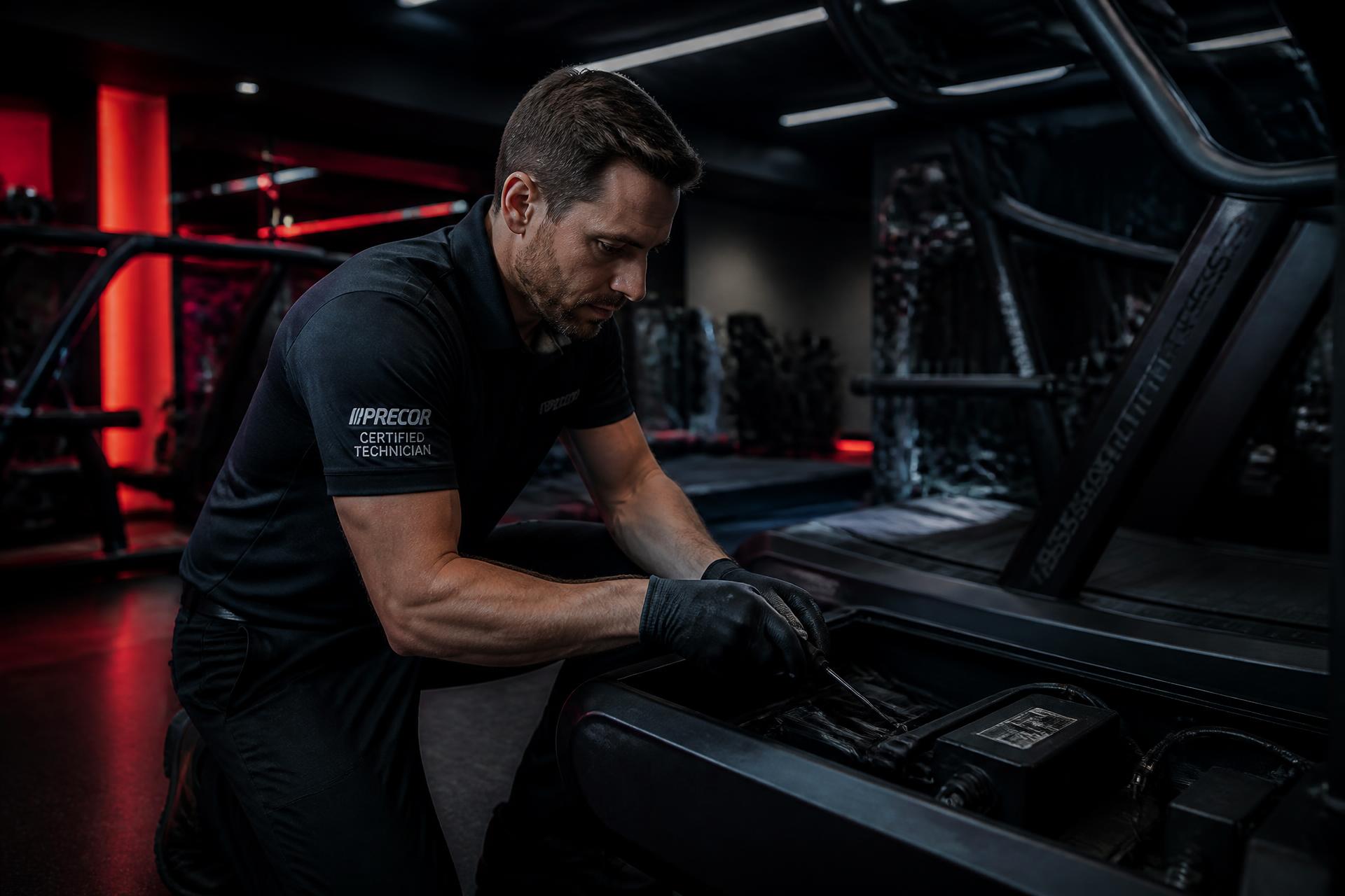 Certified technician servicing a commercial treadmill