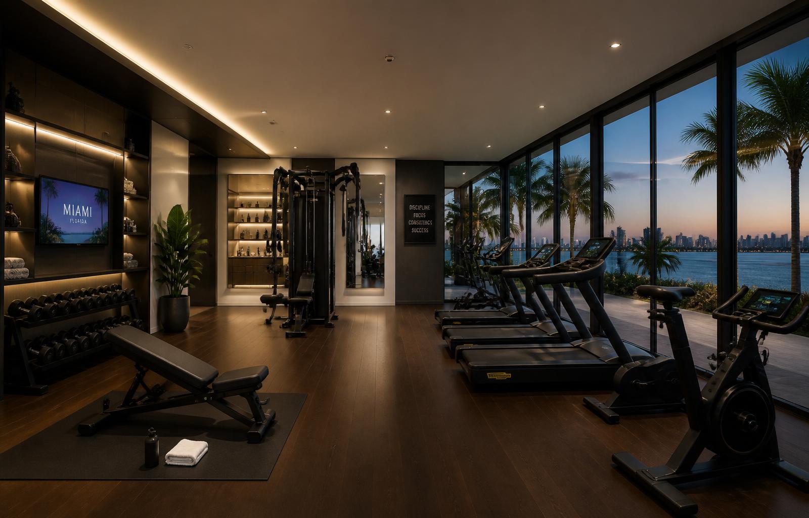 Luxury residential home gym with treadmill and weights